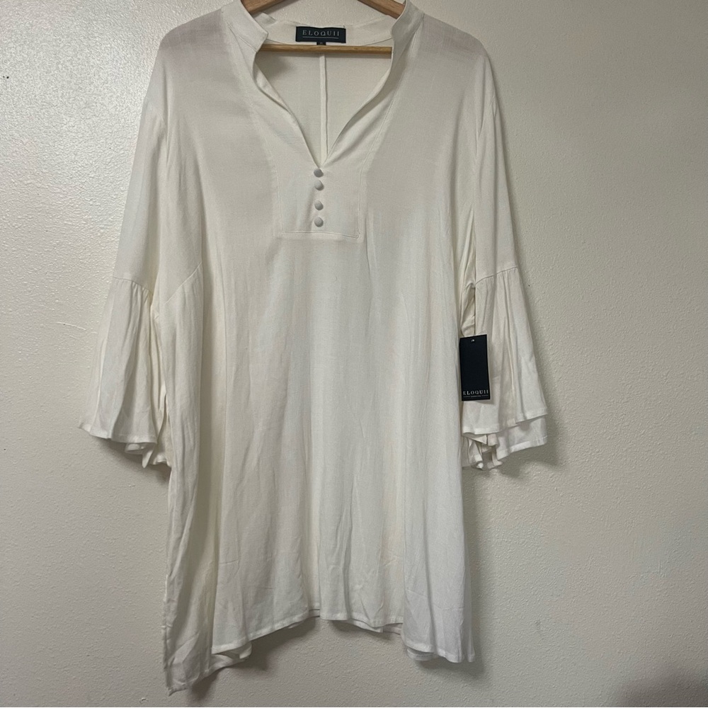 NWT Eloquii Plus Size Long Line Bell Sleeve Flowy White Tunic Blouse Top